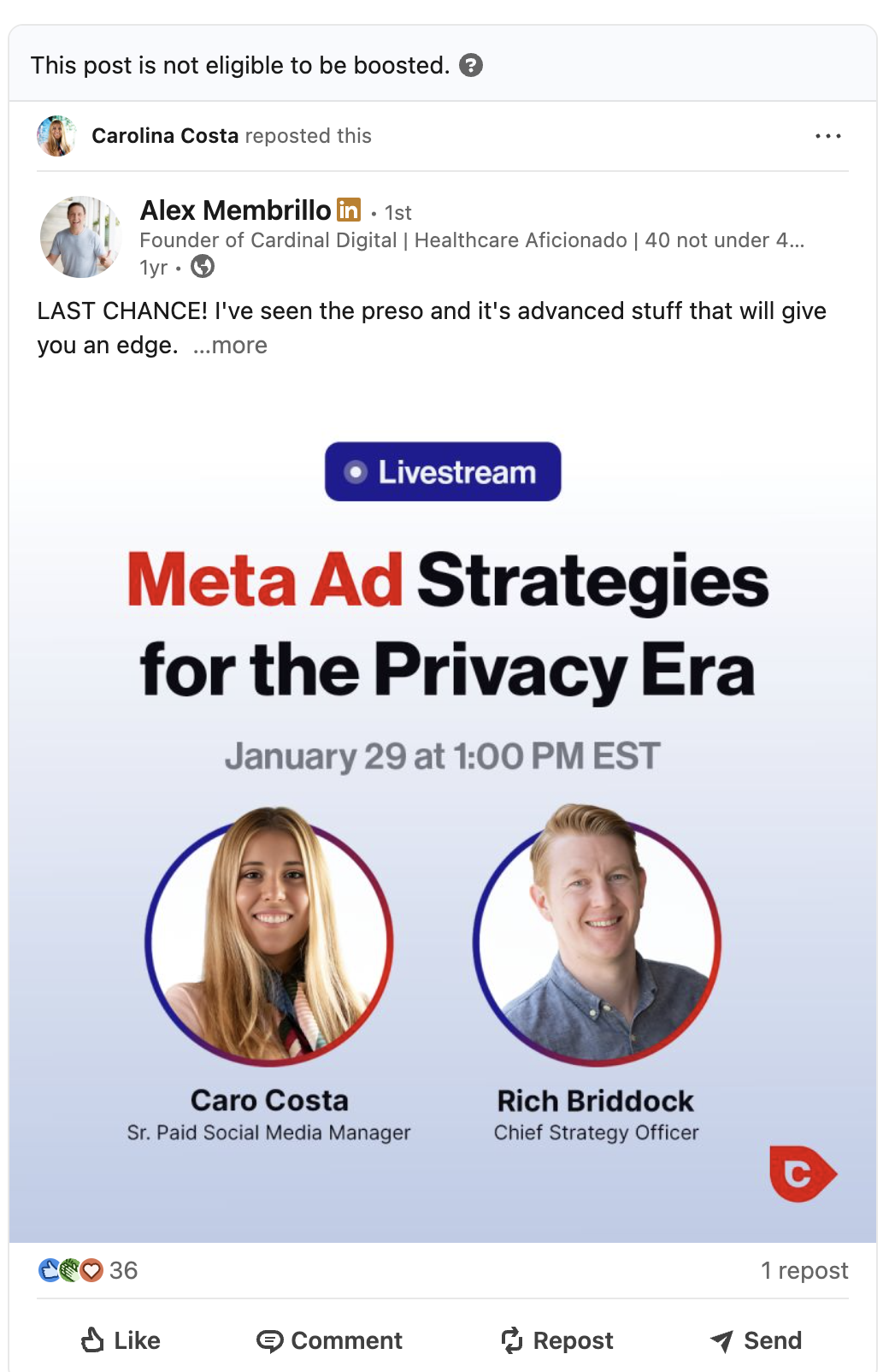 LinkedIn post recapping the "Meta Ad Strategies for the Privacy Era" livestream featuring Caro Costa and Rich Briddock