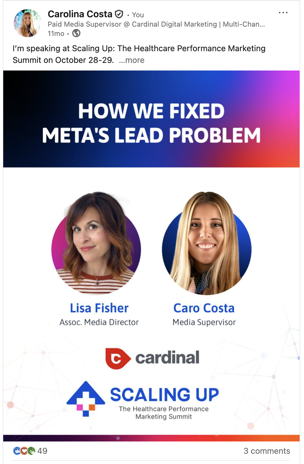 Recap graphic for the Scaling Up Healthcare Performance Marketing Summit talk by Lisa Fisher and Caro Costa